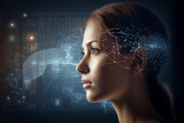 woman surrounded by computer brain and artificial intelligence in the background. modern technologies to enhance brain function. brain-computer interface technologies, neuroscience, or related topics