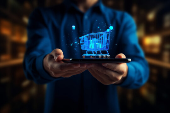 Man Holding A Mobile Phone With An Animation Of A Shopping Cart. Online Use Of Apps For E-commerce. Everyday Life And Technology