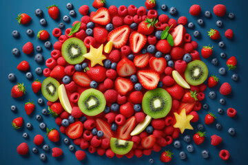 Fototapeta na wymiar fruit bunch, including sliced kiwi, strawberries, raspberries, cherries, and kiwi and strawberry slices. healthy eating, freshness, and diversity.