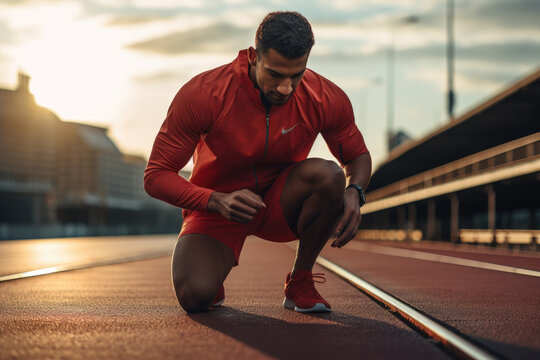 running athlete squatting on a track to get ready for their next training session. sporting spirit, perseverance, diligence, and discipline. background can visually convey energy and motion