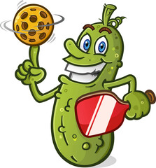 Pickle cartoon with attitude spinning a yellow plastic pickleball on his finger basketball style with a big cheesy grin on his face vector clip art