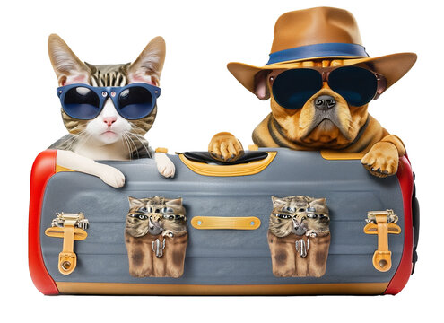 Funny holiday picture. Cat and dog travelers in a sunglasses and hats with a travel case isolated on a white. Generative AI.