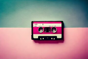 Fototapeta premium Flat lay vintage casette on pink background with copy space
