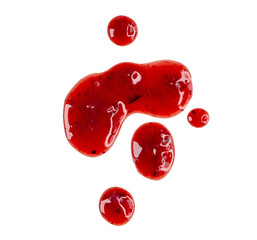 Drops and stains of liquid red berry jam or sauce isolated on transparent background, top view, PNG - 621513833
