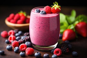 A refreshing and nutritious serving of pink smoothie, beautifully decorated with crushed berries on top. The drink is made of healthy ingredients and is tasty snack or breakfast.