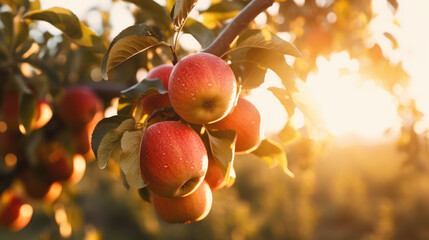 Fruit farm with apple trees. Branch with natural apples on blurred background of apple orchard in golden hour. Concept organic, local, season fruits and harvesting