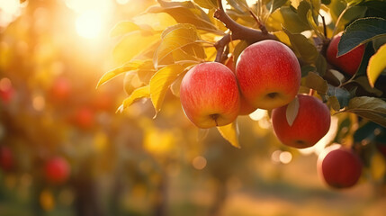 Fruit farm with apple trees. Branch with natural apples on blurred background of apple orchard in golden hour. Concept organic, local, season fruits and harvesting