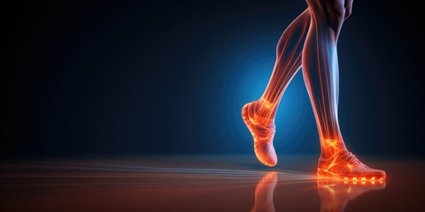 Concept of calf pain, runner's legs with a highlighted area indicating pain. Common injury in sports and fitness activities, emphasizing the need for proper training and recovery