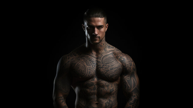 Confident man with muscular body tattooed, Assertive tattoo artist posing in a dark studio with a half - naked body wearing jeans, tattooed in a Japanese irezumi style