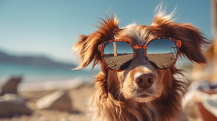 dog in sunglasses on beach natural features concept of holidays