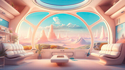 80s retro futurism. Panoramic windows and breathtaking space views. Smart machines seamlessly enhance our daily routines. Soft pastel colors.