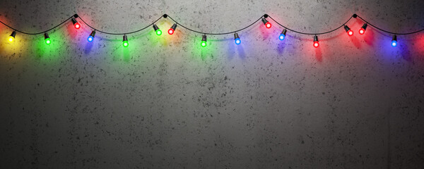 Empty space on a cement wall. A garland of colored light bulbs on a concrete background, space for your task or message. 3d render.