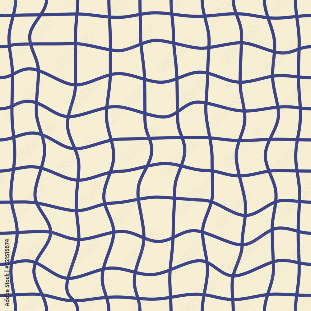 Poster Checkered seamless pattern with blue wavy lines. Retro groovy background in style 70s, 60s. Vector illustration