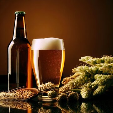 Bottle and Glass beer with Brewing ingredients. Hop flower with wheat.