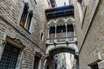 View of the Bishop's Gate, Portal del Bisbe, in the city of Barcelona, Catalonia, Spain