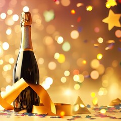 Champagne bottle with confetti stars, bokeh decoration and party streamers on golden background