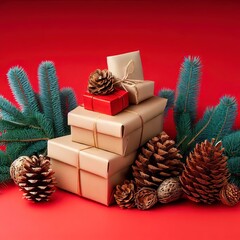 Fototapeta na wymiar Christmas composition of pine cones, spruce branches and stack of gift boxes on red background