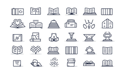 Book line symbols set. Open literature, a dictionary, an audiobook, a brochure, an encyclopedia, an education encyclopedia, and an information reference vector illustration. Draft sign for the library