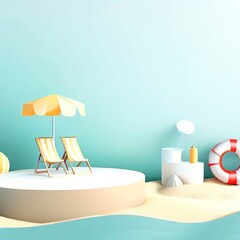 Summer vacation beach abstract background concept, Minimal Realistic Display Podium for Product mock-up or Cosmetics with summer theme, beach umbrella, sand, chairs, inflatable ring