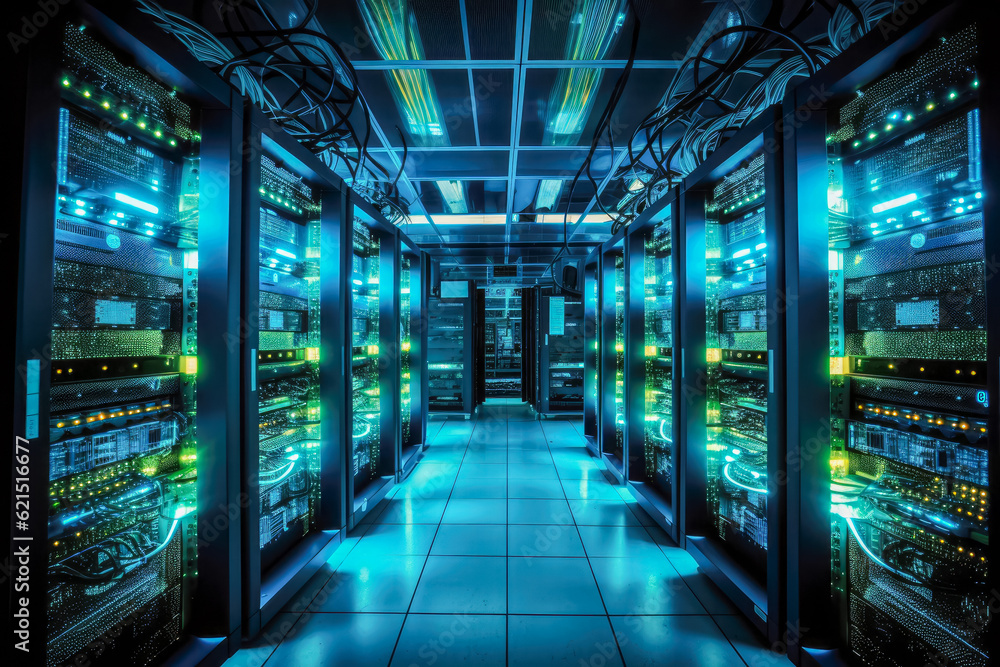Poster server room data center with racks and rows of server racks. generative ai