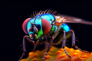 creates stunning macro photos of insects a fly in vibrant. Macro shot of a fly on a leaf with background. 