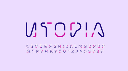 Technical multi-colored font, digital alphabet, uppercase Latin letters from A to Z and Arab numbers from 0 to 9, vector illustration 10EPS