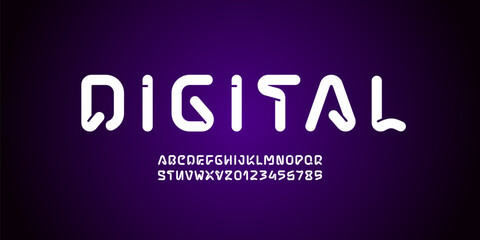 Technical font, round modern alphabet, trendy uppercase Latin letters from A to Z and Arab numbers from 0 to 9 for you future design, vector illustration 10EPS