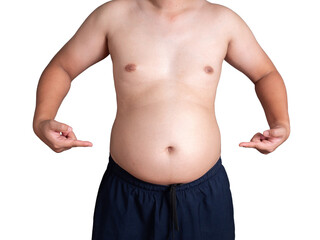 big belly fat guy wearing white shirt on white background isolated. - obrazy, fototapety, plakaty