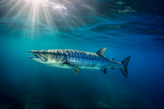 Barracuda (Sphyraena Viridensis) swimming in the deep waters of the Atlantic Ocean