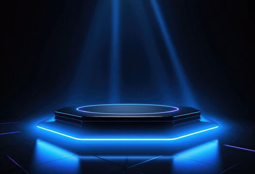 Blue lighting elegant product showcase mockup on dark background