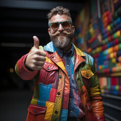 Bearded man adult man bearded in colorful suit giving thumbs up