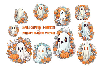 Halloween ghosts with fantasy flowers vintage set.