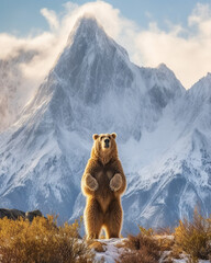 Grizzly bear in front of snowy mountain range
