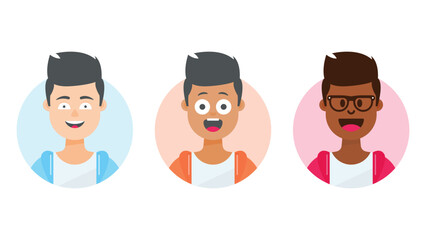 Young boys character avatar with facial expressions, vector illustration