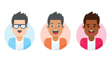 Young boys character avatar with facial expressions, vector illustration