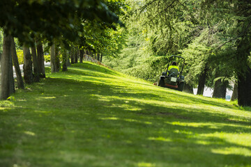 An operator cutting the grass with a motorized mower