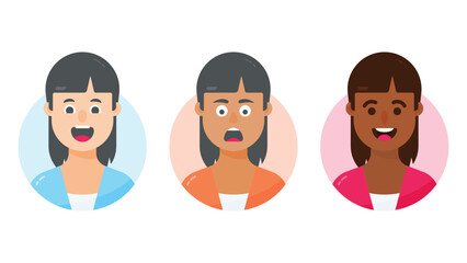 Ladies cartoon character with different skin colors and dress, vector illustration