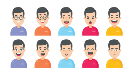 Young boys character avatar with facial expressions, vector illustration