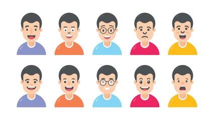 Boy cartoon character with facial expressions and different skin colors