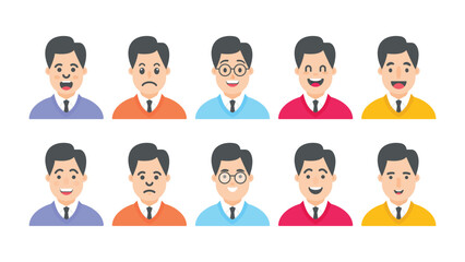 Male cartoon characters with different facial expressions, vector illustration