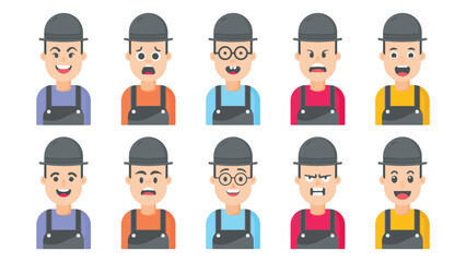 Set of construction worker male cartoon characters with different facial expressions, vector illustration

