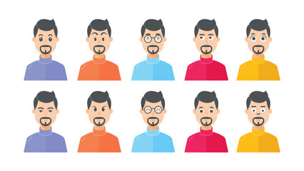 Vector man with beard cartoon characters with different facial expressions