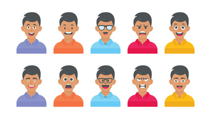 Young boys character avatar with facial expressions, vector illustration