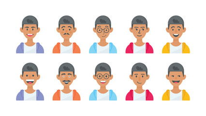 Boy cartoon character with facial expressions and different skin colors