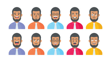 Vector man with beard cartoon characters with different facial expressions