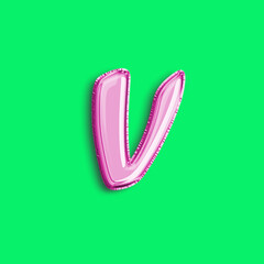 Brilliant balloon alphabet letter V in pink color. 3d rendering realistic metallic hot air balloon, ready to use for your birthday celebration and party, isolated with green screen background
