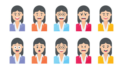 Portraits and avatars of people, female expressing emotions, cartoon characters, vector in flat style