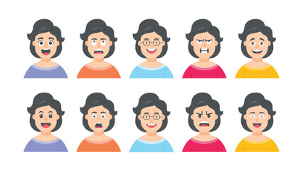 Portraits and avatars of people, female expressing emotions, cartoon characters, vector in flat style