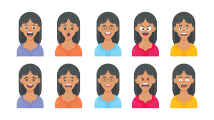Portraits and avatars of people, female expressing emotions, cartoon characters, vector in flat style