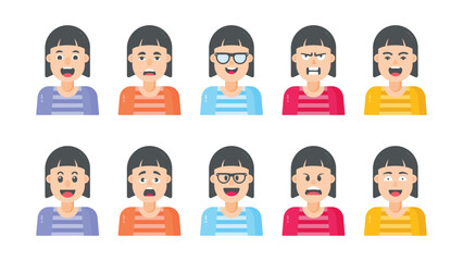 Female cartoon characters with different facial expressions